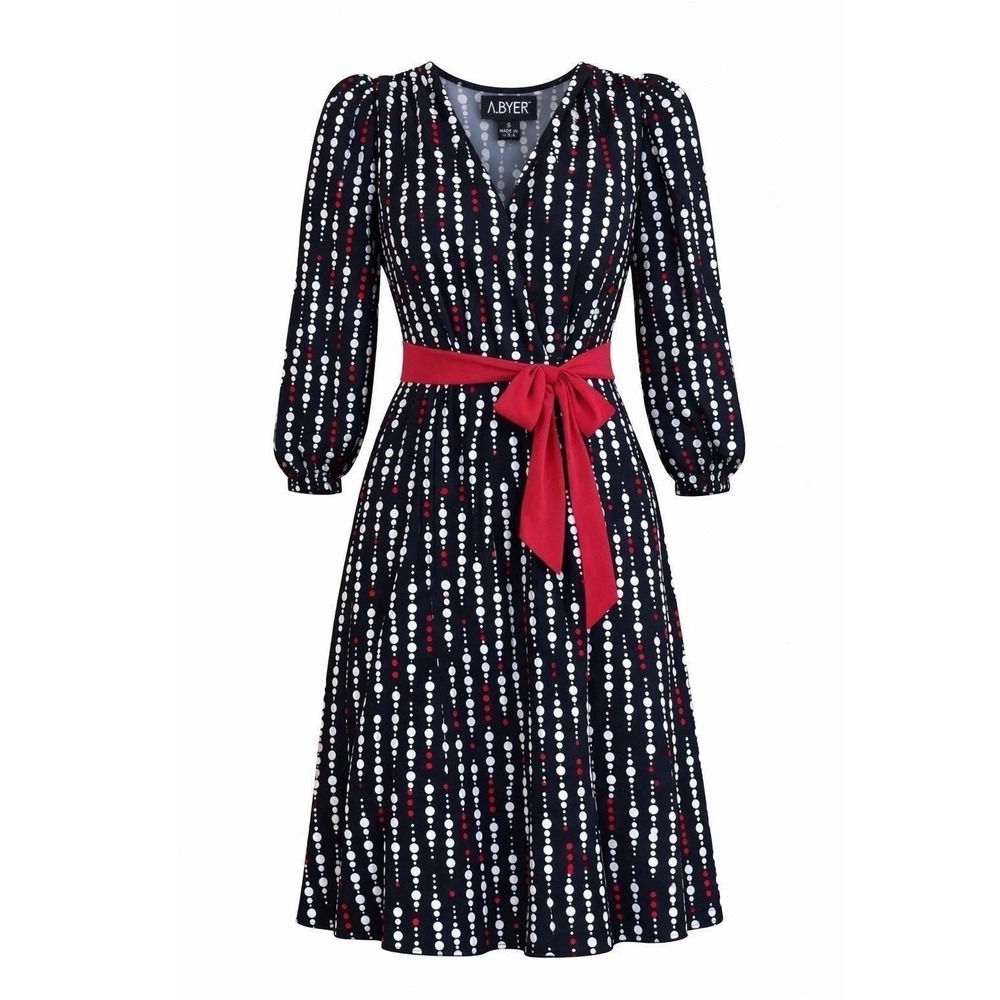A Byer Womens 90s Vtg Polka Dot 3/4 Sleeve Belted Midi Wrap Dress Sz S Black Red